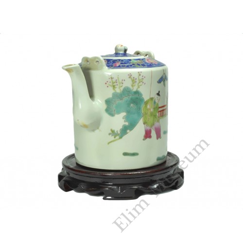  1090  A rose famille verte tea pot with playing  mother and children